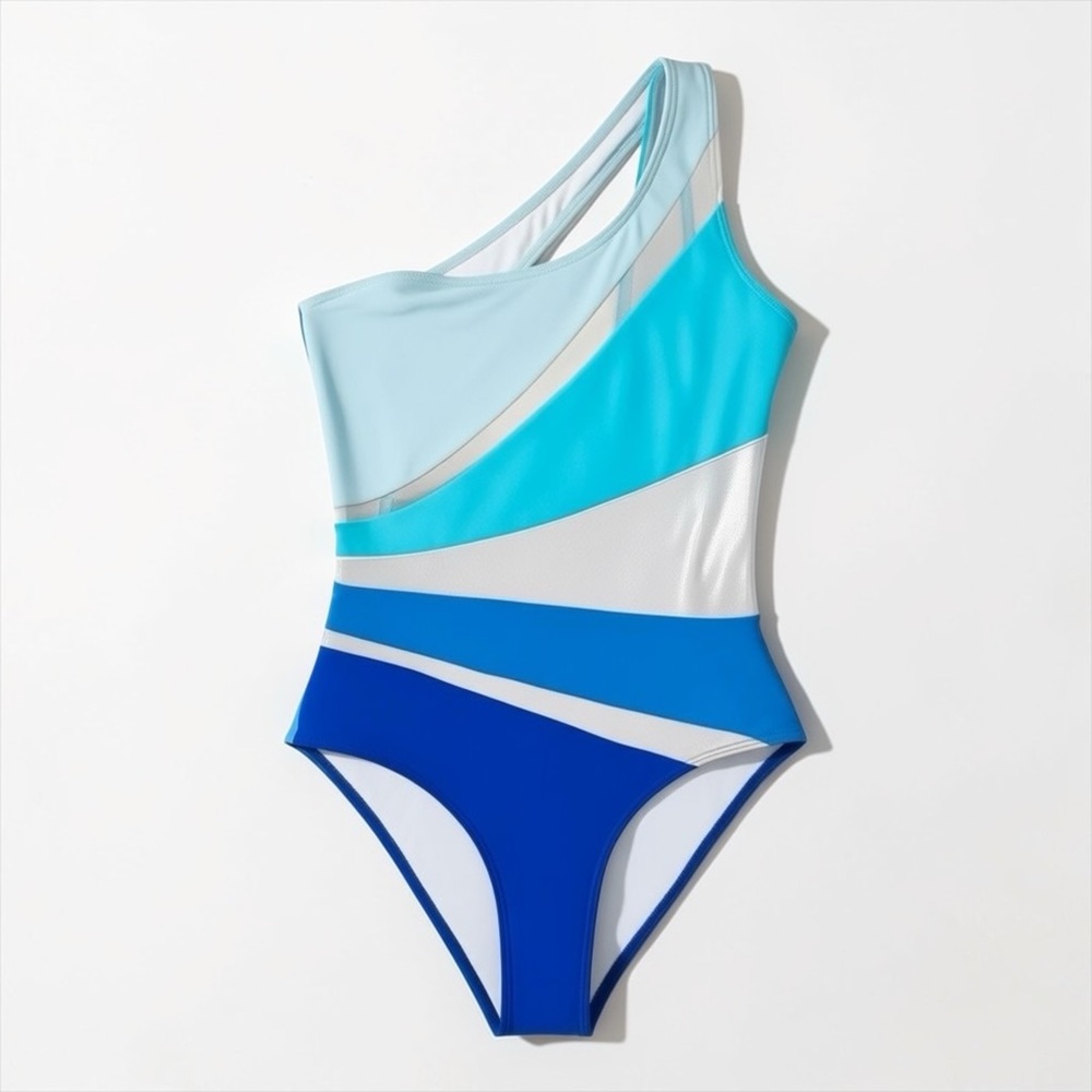 One Shoulder Colorblock One Piece Swimsuit Blue White Asymmetric NWOT S